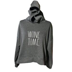 Rae Dunn Sweater Hoodie L Gray Charcoal Women Wine Time Crop